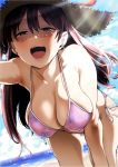  1girl :d absurdres arm_up armpits beach bent_over bikini blue_eyes blush breasts cleavage collarbone cowboy_shot day dutch_angle gluteal_fold half-closed_eyes hat hat_ribbon highres large_breasts long_hair looking_at_viewer open_mouth outdoors pija_(pianiishimo) pink_bikini purple_hair ribbon scan side-tie_bikini smile solo strap_gap straw_hat sun_hat sunlight sweat swimsuit toranoana 