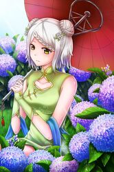  1girl blue_sash braid chongqing_(zhan_jian_shao_nyu) closed_mouth collarbone day double_bun dress flipped_hair flower grass green_dress hair_flower hair_ornament hands_up holding holding_umbrella hydrangea kongara leaf looking_away oriental_umbrella outdoors purple_flower red_umbrella sash silver_hair sky sleeveless sleeveless_dress solo standing tassel two-handed umbrella upper_body wrist_cuffs yellow_eyes zhan_jian_shao_nyu 