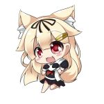  10s 1girl :3 :d animal_ears black_gloves blonde_hair bow cat_ears chibi commentary_request fang gloves hair_bow hair_flaps hair_ornament hair_ribbon hairclip kantai_collection kemonomimi_mode long_hair looking_at_viewer open_mouth peta_(taleslove596) pleated_skirt red_eyes remodel_(kantai_collection) ribbon scarf school_uniform serafuku simple_background skirt smile solo white_background yuudachi_(kantai_collection) 