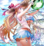  1girl arms_up ass ball bangs bikini blonde_hair blue_bikini blue_eyes blush bow braid breasts clouds cloudy_sky day eyebrows_visible_through_hair frilled_bikini frills from_side hair_bow half_updo hat heart jacket large_breasts long_hair looking_at_viewer ogino_atsuki outdoors scrunchie see-through side-tie_bikini sideboob sky smile solo sparkle straw_hat sweat swept_bangs swimsuit twisted_torso under_boob very_long_hair wading water watermark wrist_scrunchie 