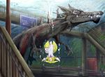  1girl absurdres animal_ears blonde_hair child commentary_request diving doitsuken dragon dress flood fox_ears fox_tail goggles highres landscape multiple_tails original overpass road scenery stairs submerged tail underwater white_dress yellow_eyes 