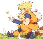  2boys aqua_eyes bird blush boots butterfly dougi dragon_ball dragonball_z father_and_son flower flying grass happy kneeling long_sleeves looking_away male_focus multiple_boys nature open_mouth outstretched_hand rabbit sack short_hair simple_background smile son_gokuu son_goten spiky_hair squirrel super_saiyan tkgsize tree_stump white_background wristband 