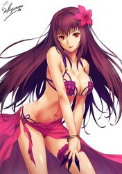  1girl artist_name bangle bangs bare_arms bare_shoulders between_fingers bikini blue_sky bracelet breasts cleavage closed_mouth collarbone cowboy_shot fate/grand_order fate_(series) flower hair_flower hair_intakes hair_ornament holding holding_weapon jewelry kunai large_breasts leaning_forward leg_garter long_hair looking_at_viewer navel pink_bikini purple_hair sakiyamama sarong scathach_(fate/grand_order) scathach_(swimsuit_assassin)_(fate) see-through simple_background sky solo stomach sunlight sweat swimsuit v_arms very_long_hair violet_eyes weapon white_background 