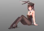  1girl animal_ears arm_support bare_shoulders black_hair black_legwear black_leotard blush bow bowtie breasts bunnysuit cleavage detached_collar full_body gradient gradient_background grey_background hair_bun highres leotard long_hair looking_at_viewer medium_breasts necktie original pantyhose rabbit_ears red_eyes red_necktie side_ponytail sitting solo strapless strapless_leotard wrist_cuffs yumemi_(kiowa) 