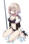  1girl bangs bikini black_bikini black_shoes breasts cleavage expressionless eyebrows_visible_through_hair fate/grand_order fate_(series) front-tie_bikini front-tie_top fur_trim grey_hair hair_between_eyes hama_chon jeanne_alter looking_at_viewer medium_breasts navel planted_weapon ruler_(fate/apocrypha) sandals shoes short_hair short_hair_with_long_locks sidelocks sitting solo swimsuit thighs wariza weapon yellow_eyes 