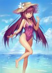  1girl barefoot casual_one-piece_swimsuit fate/grand_order fate_(series) frilled_swimsuit frills hat highres long_hair looking_at_viewer navel one-piece_swimsuit pink_swimsuit purple_hair red_eyes scathach_(fate/grand_order) solo standing standing_on_one_leg sun_hat swimsuit waving yahiro_(666131415) younger 