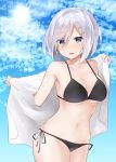  10s 1girl absurdres bikini black_bikini blue_eyes breasts clouds eyes_visible_through_hair hair_ornament hair_over_one_eye hairclip hamakaze_(kantai_collection) highres kantai_collection large_breasts looking_at_viewer natsu_(sinker8c) short_hair side-tie_bikini silver_hair sky solo swimsuit undressing 