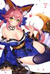  1girl bad_id bad_pixiv_id black_legwear blush breasts cleavage closed_mouth fate/grand_order fate_(series) heart highres large_breasts long_hair pink_hair smile solo tamamo_(fate)_(all) tamamo_no_mae_(fate) thigh-highs ttaji_(pass35) twintails yellow_eyes 