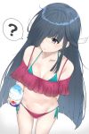  10s 1girl ? bikini black_hair breasts from_above hair_over_one_eye halterneck hayashimo_(kantai_collection) highres kantai_collection long_hair navel off-shoulder_shirt red_bikini shirt side-tie_bikini simple_background small_breasts solo spoken_question_mark suzuharu_(suzuharu0612) swimsuit very_long_hair violet_eyes white_background 