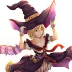  1girl adjusting_clothes adjusting_hat blonde_hair brown_eyes djeeta_(granblue_fantasy) dress gloves granblue_fantasy hat highres kakko_terti looking_at_viewer one_eye_closed purple_dress purple_hat smile solo standing white_gloves witch_hat 