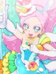  1girl arm_up blue_hairband blue_skirt collarbone cure_parfait earrings food_themed_hair_ornament from_above gloves green_eyes hair_ornament hairband holding holding_wand jewelry kirahoshi_ciel kirakira_precure_a_la_mode long_hair magical_girl necklace pink_hair precure skirt smile solo sparkle tj-type1 wand white_gloves 