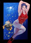  1boy 1girl abs absurdres beard commentary_request diving_suit facial_hair fish flippers glasses highres muscle muscular_female one-piece_swimsuit orange_hair original short_hair smile swimsuit underwater vigwer 