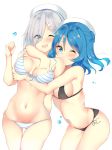  10s 2girls ;d arm arm_around_neck arm_at_side ashino bare_arms bare_legs bare_shoulders bikini black_bikini black_swimsuit blue_eyes blue_hair blush breasts clenched_hand commentary_request couple double_bun eyebrows_visible_through_hair eyes_visible_through_hair female hair_ornament hair_over_one_eye hairclip hamakaze_(kantai_collection) hand_up hat highres hug hug_from_behind kantai_collection kiss large_breasts leaning leaning_forward legs looking_at_viewer medium_breasts midriff multiple_girls navel one_eye_closed open_mouth round_teeth sailor_hat short_hair shoulder_kiss side-tie_bikini silver_hair smile striped striped_bikini striped_swimsuit swimsuit teeth urakaze_(kantai_collection) water_drop white_background white_bikini white_hat white_swimsuit wince wink yuri 