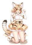  1girl animal_ears animal_print artist_name bangs blonde_hair blush breasts brown_hair dated elbow_gloves eyebrows_visible_through_hair fang gloves hands_up hattori_masaki high-waist_skirt kemono_friends kneehighs kneeling looking_at_viewer medium_breasts multicolored_hair open_mouth sand_cat_(kemono_friends) shoes short_hair skirt smile solo tail teeth thighs white_gloves white_legwear white_shoes yellow_eyes 