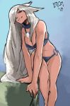  1girl animal_ears bikini cat_ears collar digi_(loli-hazard) grey_hair hair_over_one_eye highres leaning_on_object long_hair looking_at_viewer o-ring_bottom original red_eyes signature sketch smile solo swimsuit 
