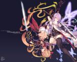  2girls ass black_gloves black_legwear blue_eyes bow breasts butterfly character_name copyright_name gloves granblue_fantasy hair_bow hair_over_one_eye katana large_breasts light_brown_hair long_hair looking_at_viewer multiple_girls narumeia_(granblue_fantasy) pointy_ears purple_hair red_pupils ryosuke_fukai single_thighhigh sword thigh-highs upside-down vira weapon 