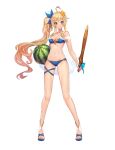  1girl bare_shoulders bikini blue_bikini breasts cleavage collarbone eyebrows_visible_through_hair flower food fruit full_body hair_flower hair_ornament holding long_hair looking_at_viewer navel official_art open_toe_shoes shoes side_ponytail simple_background smile solo standing swimsuit sword tenshi_mikadokuni thigh_strap very_long_hair watermelon weapon white_background wooden_sword 