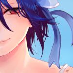  10s 1girl blue_background blue_hair blush bow close-up hair_between_eyes hair_bow justin_leyva_(steamy_tomato) lips nisekoi red_eyes simple_background smile solo tsugumi_seishirou 