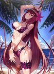  1girl beach bikini blush breasts chiwa_(tsugumisky) commentary_request fate/grand_order fate_(series) flower gae_bolg hair_flower hair_ornament kunai long_hair looking_at_viewer medium_breasts navel ocean outdoors purple_hair red_eyes sand scathach_(fate/grand_order) scathach_(swimsuit_assassin)_(fate) solo standing swimsuit thigh_strap tree_shade water weapon 