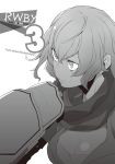  1girl commentary_request ember_celica_(rwby) english grin monochrome official_art rwby smile solo title yang_xiao_long yasuda_suzuhito 