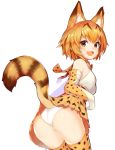  1girl animal_ears ass blush bow bowtie brown_eyes brown_hair commentary_request cowboy_shot elbow_gloves fang from_behind gloves high-waist_skirt kemono_friends leaning_forward looking_at_viewer looking_back open_mouth panties serval_(kemono_friends) serval_ears serval_print serval_tail shirt short_hair simple_background skirt sleeveless sleeveless_shirt solo striped_tail tail thigh-highs tokiwa_online underwear white_background white_panties 