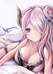  1girl bikini blue_eyes breasts cleavage closed_mouth commentary_request doraf female granblue_fantasy hair_ornament hair_over_one_eye horns large_breasts lavender_hair long_hair looking_at_viewer lying nannacy7 narumeia_(granblue_fantasy) on_stomach pink_hair pointy_ears smile solo swimsuit thigh_strap white_bikini 