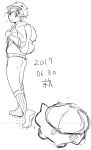  1boy backpack bag bulbasaur dated full_body gloves hood hoodie kyouta_(a01891226) looking_back male_focus male_protagonist_(pokemon_go) pokemon pokemon_(creature) pokemon_go short_hair sketch visor_cap 