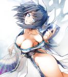  1girl :o ass bare_shoulders black_hair blue_eyes breasts cleavage collarbone fan garakuta head_tilt highres japanese_clothes large_breasts looking_at_viewer parted_lips senran_kagura senran_kagura_(series) short_hair solo thick_thighs thighs yumi_(senran_kagura) 