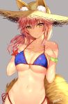  1girl animal_ears bikini blue_bikini blush bracelet breasts cleavage commentary_request ears_through_headwear fate/extra fate/grand_order fate_(series) fox_ears fox_tail hat jewelry large_breasts long_hair looking_at_viewer low_tied_hair matarou_(genkai_toppa) navel pink_hair side-tie_bikini side_ponytail smile solo swimsuit tail tamamo_(fate)_(all) tamamo_no_mae_(swimsuit_lancer)_(fate) yellow_eyes 