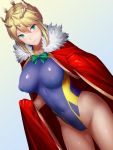  1girl artoria_pendragon_lancer_(fate/grand_order) blonde_hair blue_swimsuit bow braid breasts cape closed_mouth commentary_request competition_swimsuit covered_navel crown dutch_angle erect_nipples eyebrows_visible_through_hair fate/grand_order fate_(series) fur_trim gradient gradient_background green_eyes hair_between_eyes highleg highleg_swimsuit kageshio_(276006) large_breasts looking_at_viewer one-piece_swimsuit red_cape saber shiny shiny_clothes short_hair smile solo standing swimsuit twitter_username 