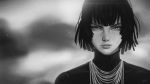  1girl absurdres bangs face fubuki_(one-punch_man) greyscale highres jewelry lips looking_at_viewer monochrome necklace one-punch_man parted_lips short_hair solo steamy_tomato teeth 