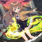 1girl absurdres blue_eyes brown_hair clouds coat dusk highres holding lantern long_hair magic open_mouth original outdoors outstretched_arm scythe shirt skirt sky solo very_long_hair weapon wind wind_lift 