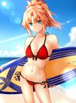  1girl bangs beach bikini blonde_hair blue_sky breasts closed_mouth clouds cloudy_sky collarbone contrapposto cowboy_shot day eyebrows_visible_through_hair fate/grand_order fate_(series) front-tie_bikini front-tie_top green_eyes highres holding lens_flare long_hair looking_at_viewer medium_breasts mordred_(swimsuit_rider)_(fate) navel outdoors parted_bangs ponytail red_bikini saber_of_red side-tie_bikini sidelocks sky smile solo sparkle sukemyon surfboard swimsuit 