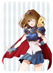  1girl arle_nadja armor armored_dress blue_skirt brown_eyes brown_hair cape fingerless_gloves gloves highres madou_monogatari marei_(mercy) open_mouth pauldrons ponytail puyopuyo short_hair short_sleeves skirt smile 