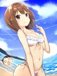  1boy 1girl alae beach bikini breasts brown_eyes brown_hair day frilled_bikini frills highres ocean oshimoto_youta side-tie_bikini sky solid_circle_eyes solo_focus swimsuit takamiya_nasuno teekyuu under_boob water white_bikini 