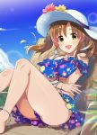  1girl alternate_costume blue_sky breasts brown_eyes brown_hair clouds commentary_request day eyebrows_visible_through_hair gluteal_fold idolmaster idolmaster_cinderella_girls large_breasts long_hair looking_at_viewer natsuya open_mouth outdoors sitting sky solo sunlight swimsuit totoki_airi twintails 