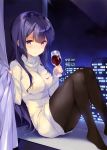  1girl absurdres alcohol bangs blush breasts brown_legwear building cropped cup curtains dress drinking_glass eyebrows_visible_through_hair fingernails girlish_number glass hands_up highres holding indoors large_breasts long_hair long_sleeves medium_breasts night night_sky ohara_tometa pantyhose purple_hair ribbed_sweater scan shibasaki_kazuha sitting sky solo sweater sweater_dress turtleneck turtleneck_sweater violet_eyes white_sweater wine wine_glass 