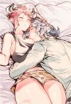  1boy 1girl batten_(yukibara_7) between_breasts blue_hair blush boyshorts breast_pillow breasts commentary_request drunk_(granblue_fantasy) eno_yukimi granblue_fantasy head_between_breasts horns huge_breasts pointy_ears redhead short_hair skindentation sleeping sleepwear smile sturm_(granblue_fantasy) 