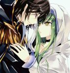  1boy 1girl bangs black_hair c.c. code_geass collarbone eyebrows_visible_through_hair green_hair hair_between_eyes hood jewelry julius_kingsley long_hair long_sleeves looking_at_another meimi_k short_hair sidelocks simple_background smile uniform upper_body violet_eyes yellow_eyes 