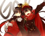  1boy 1girl black_hair cape cis05 commentary_request demon_archer fate/grand_order fate_(series) gloves hat koha-ace long_hair looking_at_viewer military military_hat military_uniform oda_nobukatsu_(fate/grand_order) one_eye_closed open_mouth red_eyes sidelocks smile uniform 