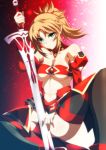  1girl blonde_hair clarent commentary_request fate/apocrypha fate_(series) green_eyes highres ka2 looking_at_viewer ponytail saber_of_red smile solo sword weapon 