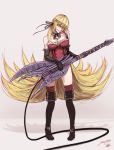  1girl bangs bare_shoulders black_boots black_gloves black_ribbon blonde_hair boots breasts cleavage elbow_gloves electric_guitar fang full_body gloves guitar hair_ribbon instrument justin_leyva_(steamy_tomato) kiss-shot_acerola-orion_heart-under-blade long_hair looking_at_viewer monogatari_(series) pigeon-toed ribbon smile solo thigh-highs thigh_boots thighhighs_under_boots very_long_hair yellow_eyes 