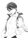  1boy black_hair expressionless free! greyscale jacket jammers looking_at_viewer male_focus male_swimwear monochrome muscle nanase_haruka_(free!) navel no_nipples open_clothes open_jacket shirtless simple_background sketch swimwear tmku white_background wind 