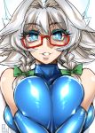 1girl alternate_costume bangs bare_shoulders bespectacled blue_eyes blue_gloves blue_leotard bow braid breast_press breasts deep_skin elbow_gloves erect_nipples glasses gloves green_bow grey_hair grin hair_between_eyes hair_bow highres izayoi_sakuya large_breasts leotard lips looking_at_viewer red-framed_eyewear shiny shiny_clothes shiny_skin signature smile solo tajima_yuuki touhou twintails 