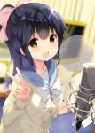  1girl :d absurdres bangs black_hair blue_sailor_collar bow bowtie breasts brown_eyes cardigan collarbone cropped eyebrows_visible_through_hair fingernails girlish_number hair_bow hair_ornament hands_up highres holding indoors long_fingernails long_hair long_sleeves looking_at_viewer microphone ohara_tometa open_mouth pink_bow pocket ponytail sakuragaoka_nanami scan school_uniform serafuku shirt smile solo upper_teeth v white_bow white_bowtie 