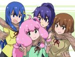  4girls :&gt; ahoge alpaca_hair_ornament astcd2 bandou_marimo blue_eyes blue_hair brown_eyes brown_hair double_v green_eyes long_hair multiple_girls open_mouth oshimoto_yuri pink_hair ponytail purple_hair scarf school_uniform shared_scarf shinjou_kanae_(teekyuu) short_hair side_ponytail takamiya_nasuno teekyuu v very_long_hair violet_eyes 