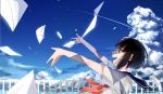  1girl black_hair blue_sky brown_eyes clouds crying crying_with_eyes_open fence highres letter open_mouth original outstretched_arms red_ribbon ribbon school_uniform serafuku short_hair sky tears wind yuzua 