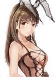  1girl anegasaki_nene animal_ears bangs breasts brown_eyes brown_hair cleavage closed_mouth collarbone commentary_request eyebrows_visible_through_hair fake_animal_ears long_hair looking_at_viewer love_plus medium_breasts mole mole_under_eye nannacy7 rabbit_ears simple_background smile solo upper_body white_background 