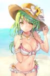  1girl bikini blush bow breasts cleavage cowboy_shot earrings flower frilled_bikini frills green_eyes hat hat_bow hat_flower highres jewelry large_breasts long_hair looking_at_viewer momoko_(momopoco) nail_polish navel necklace original red_nails smile solo star star_earrings stomach straw_hat sunflower sweat swimsuit white_bikini yellow_eyes 