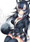  1girl absurdres animal_ears between_breasts black_hair black_legwear blue_eyes breast_pocket breasts cleavage fur_collar gloves grey_wolf_(kemono_friends) heterochromia highres kemono_friends large_breasts long_hair long_sleeves looking_at_viewer multicolored_hair necktie necktie_between_breasts pocket skirt solo tail tea_texiamato thigh-highs two-tone_hair wolf_ears wolf_tail yellow_eyes 